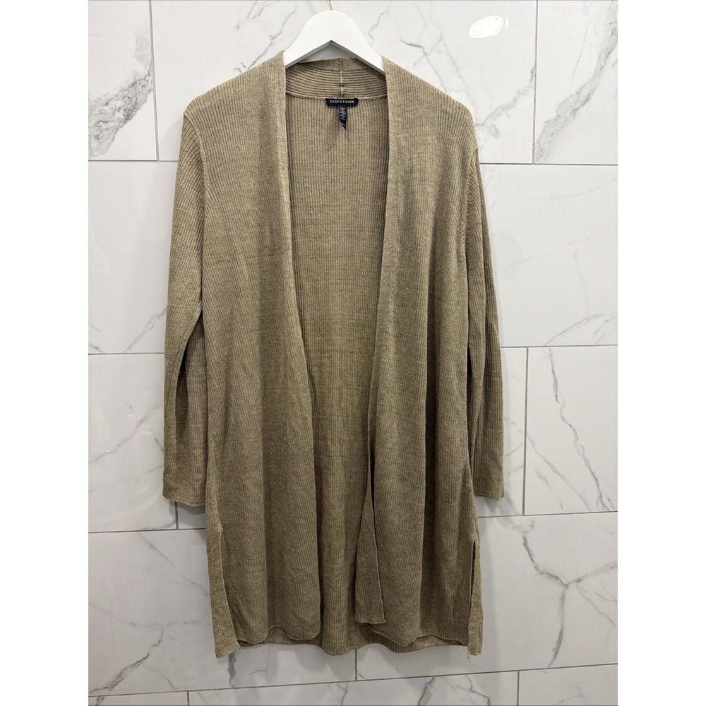 Eileen Fisher Open Ribbed Cardigan Organic Linen Size XL Long Sleeve Long